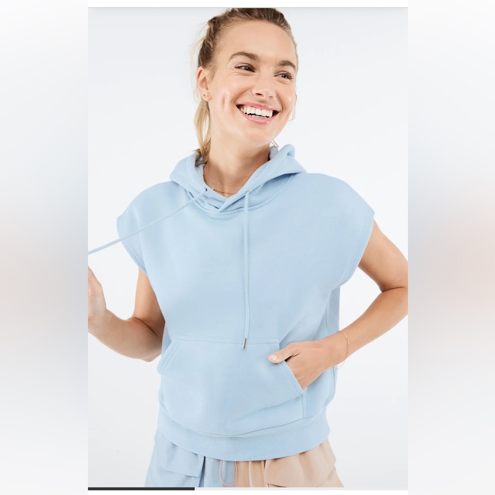 FABLETICS Blue and Tan Shorts Hoodie Set Large 2 Piece Angela Sleeveless